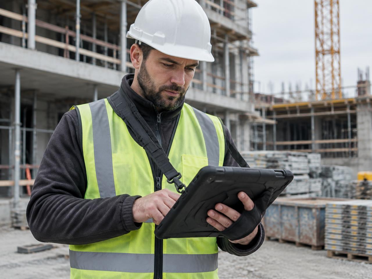 Handwerker mit Tablet-Halterung und Tragegurt auf der Baustelle