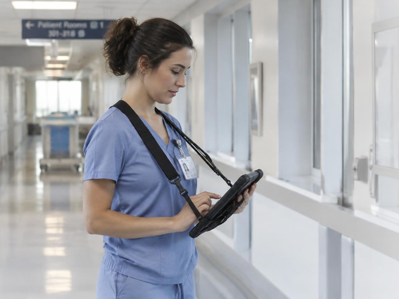 Pflegekraft mit Umhänge-Tablet-Halterung im Klinikalltag