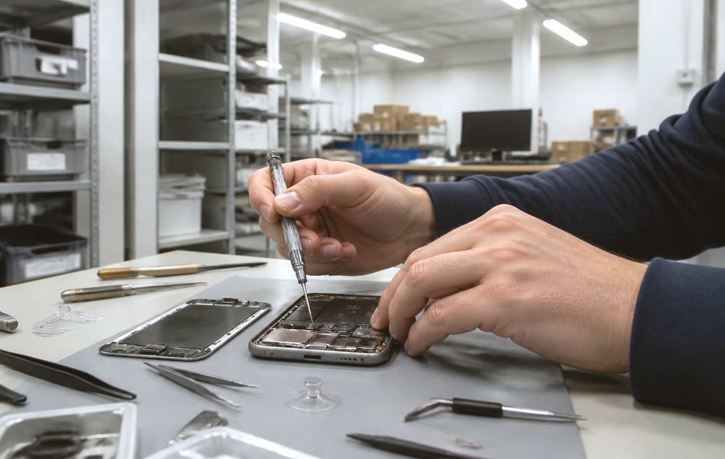 Techniker der Wigento GmbH repariert ein geöffnetes Smartphone mit Präzisionswerkzeug in der Werkstatt in Hohenburg